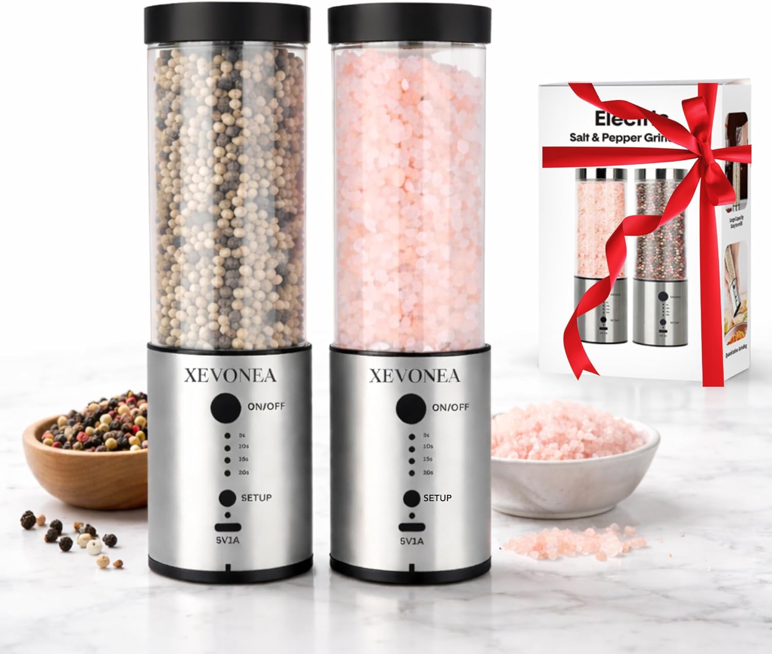 Electric Salt and Pepper Grinder Set, Automatic Stainless Steel with Upgraded Capacity of 240ml, USB Rechargeable, Adjustable Coarseness, Ceramic Core, Type-C Charging, One-Handed Operation