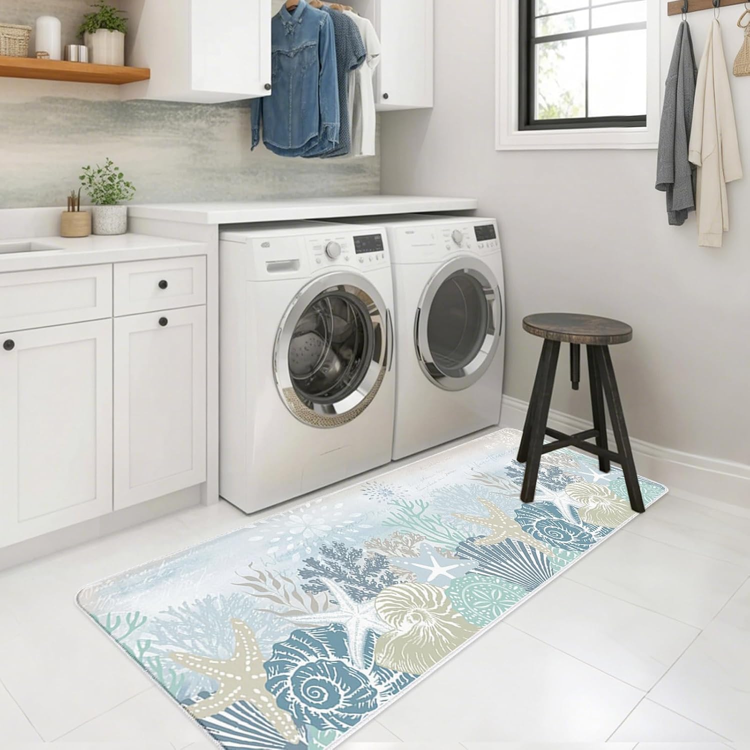Summer Marine Life Kitchen Mats Set of 2 Ocean Coral Coastal Starfish Sand Dollar Vintage Non Slip Mat Washable Floor Rug for Kitchen Sink Floor Laundry, 19.7"x31.5"+19.7"x63"