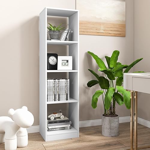 IFANNY Estantería blanca, estante vertical con 4 cubos, estante de exhibición moderno, estantes de almacenamiento de madera para dormitorio, sala de