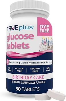 TRUEplus Glucose Tablets, Dye-Free Birthday Cake Flavor, 50 Count | Chewable Tablets, 15g Fast-Acting Carbohydrates, Dye Free, Gluten Free, No Fat, Boosts Energy, Great Tasting and Easy to Use