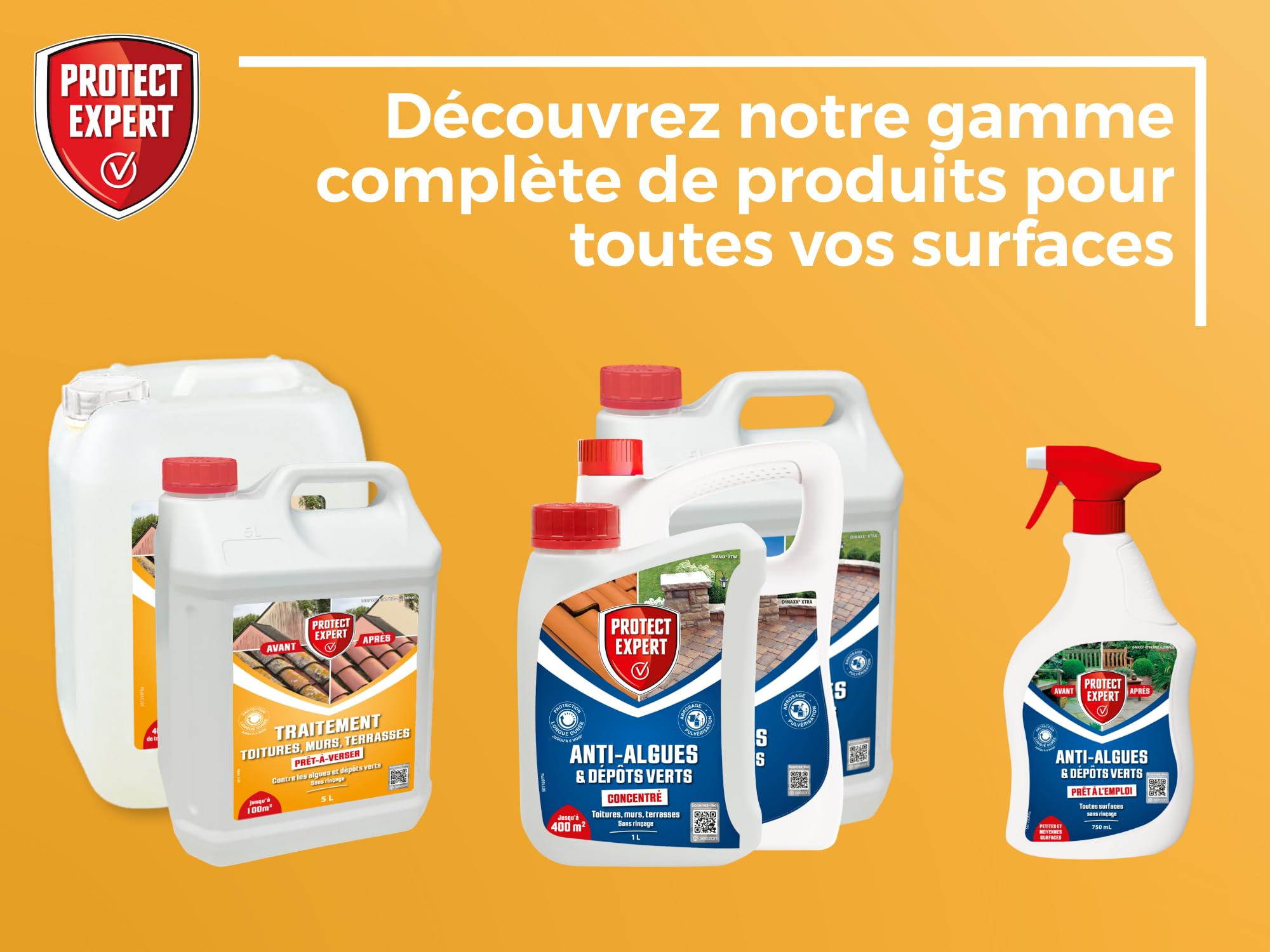 Protect Expert Traitement Terrasses Toitures & Murs - Contre Les Algues Lichens & Dépôts Verts - Prêt-À-Verser - 5L - Double Action - Préventif & Curatif AMTPB5N