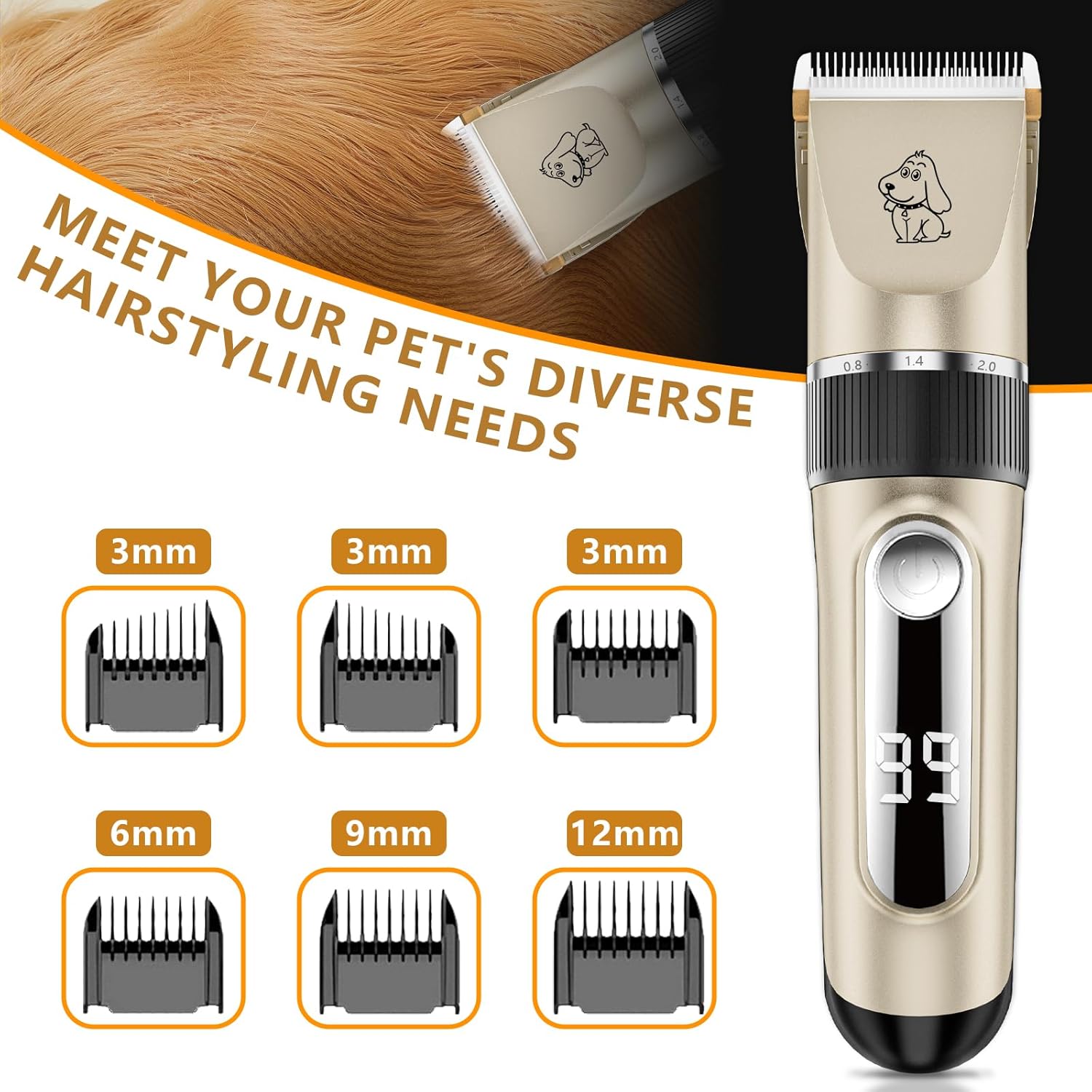 Image showing the pet clipper and six guide combs of different sizes (3mm, 6mm, 9mm, 12mm).