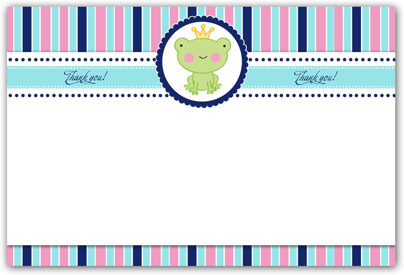 30 Green Frog Prince Birthday Party Baby Shower Blank Thank You Cards Pink Blue Stripes Design + 30 White Envelopes