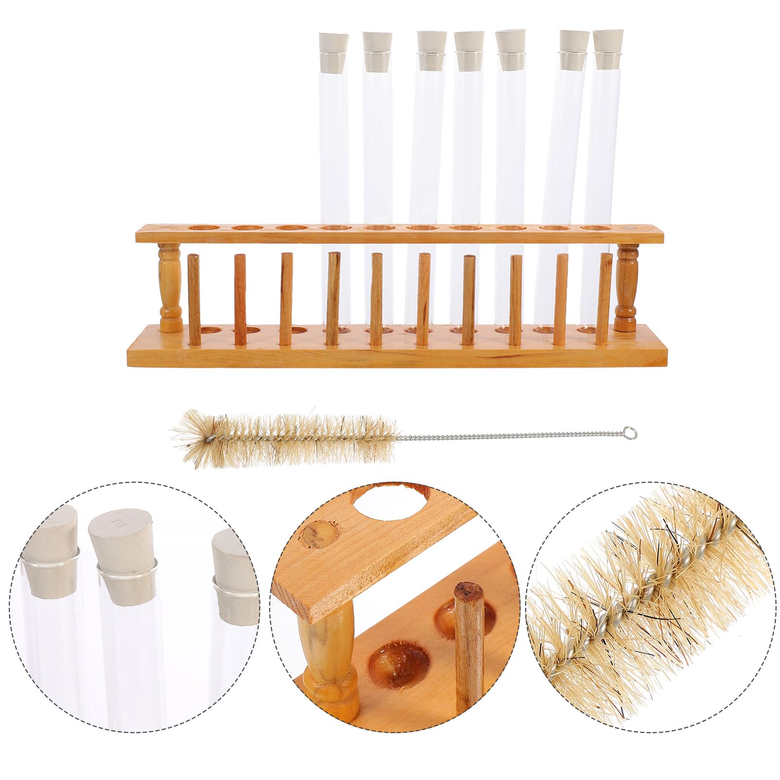 YARNOW Kit di Provette in Vetro con Tappi di Gomma, Supporto in Legno da 10 Fori e Spazzola per Pulizia, per Esperimenti Scientifici Scolastici e Attività Creative