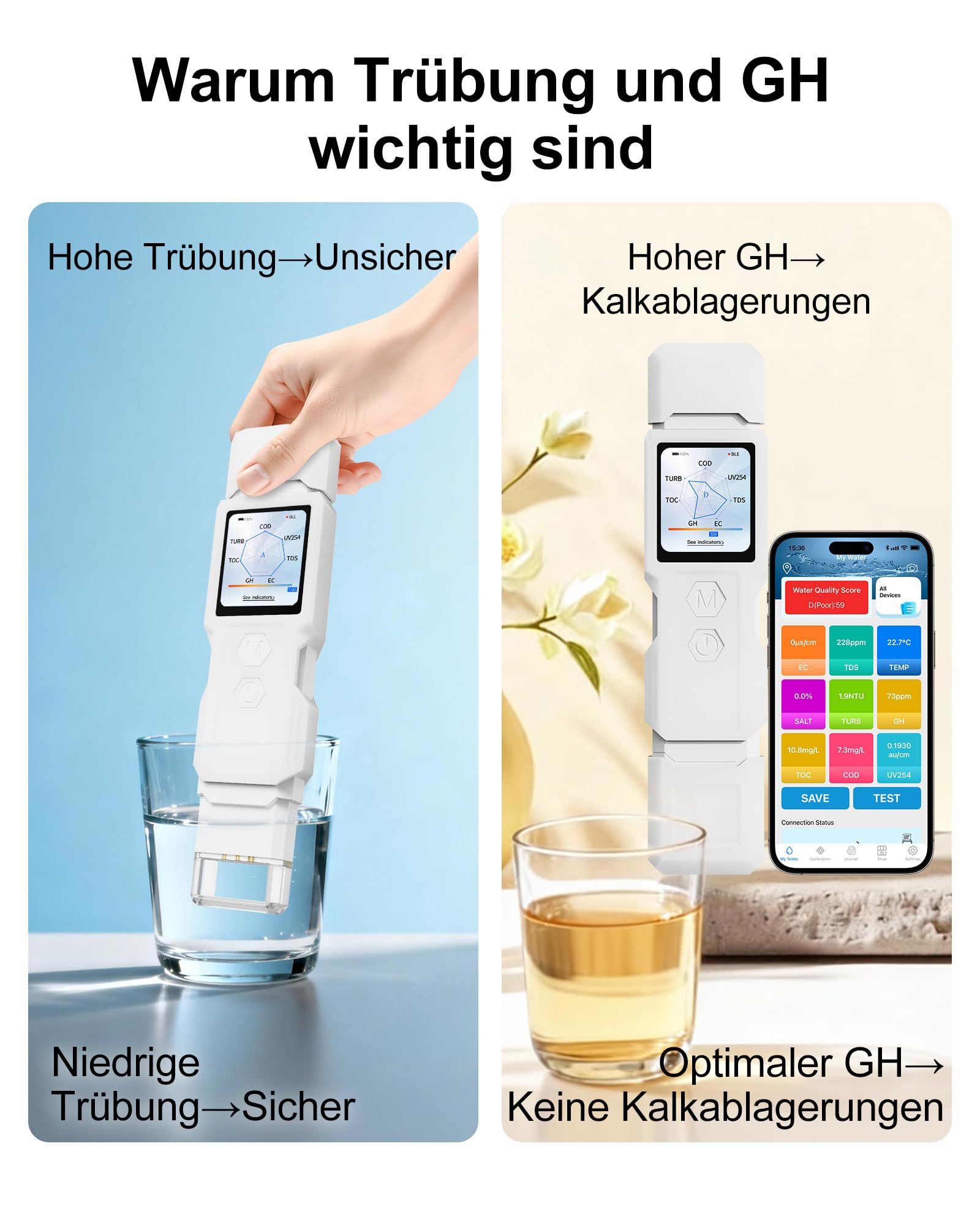 Nouveau Testeur d'Eau Intelligent 9-en-1 pour Eau Potable, Testeur Numérique d'Eau Potable pour TDS, Turbidité, EC, Température, Salinité, GH, TOC, COD, UV275, Testeur de Qualité de l'Eau pour Eau Pot
