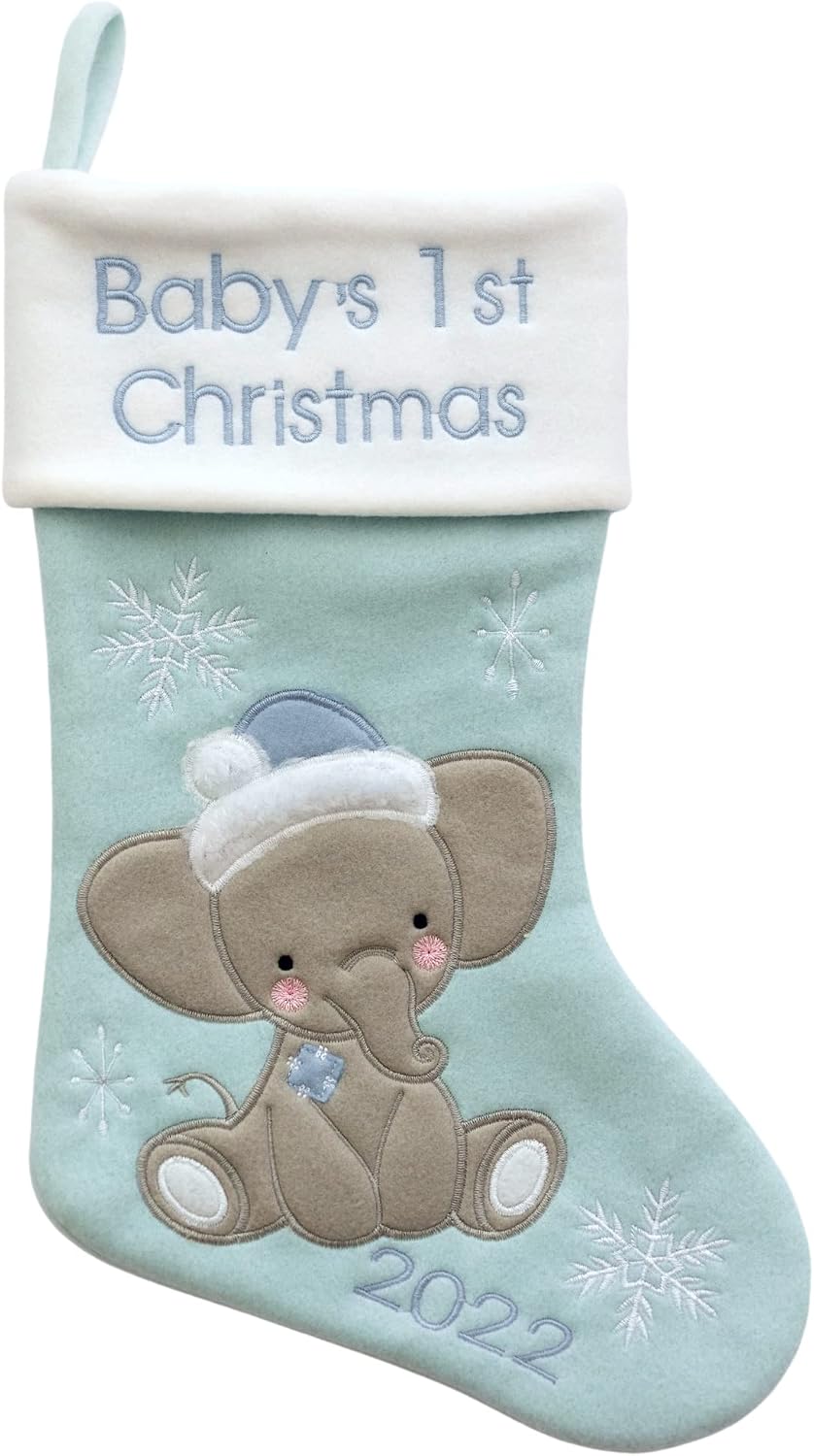 Heart's Sign Babys First Christmas Stocking 2022 - Elephant Design (Azure) Christmas Decor | My First Christmas Decor Ornament 2022 | Newborwn Xmas Decor (Blue)