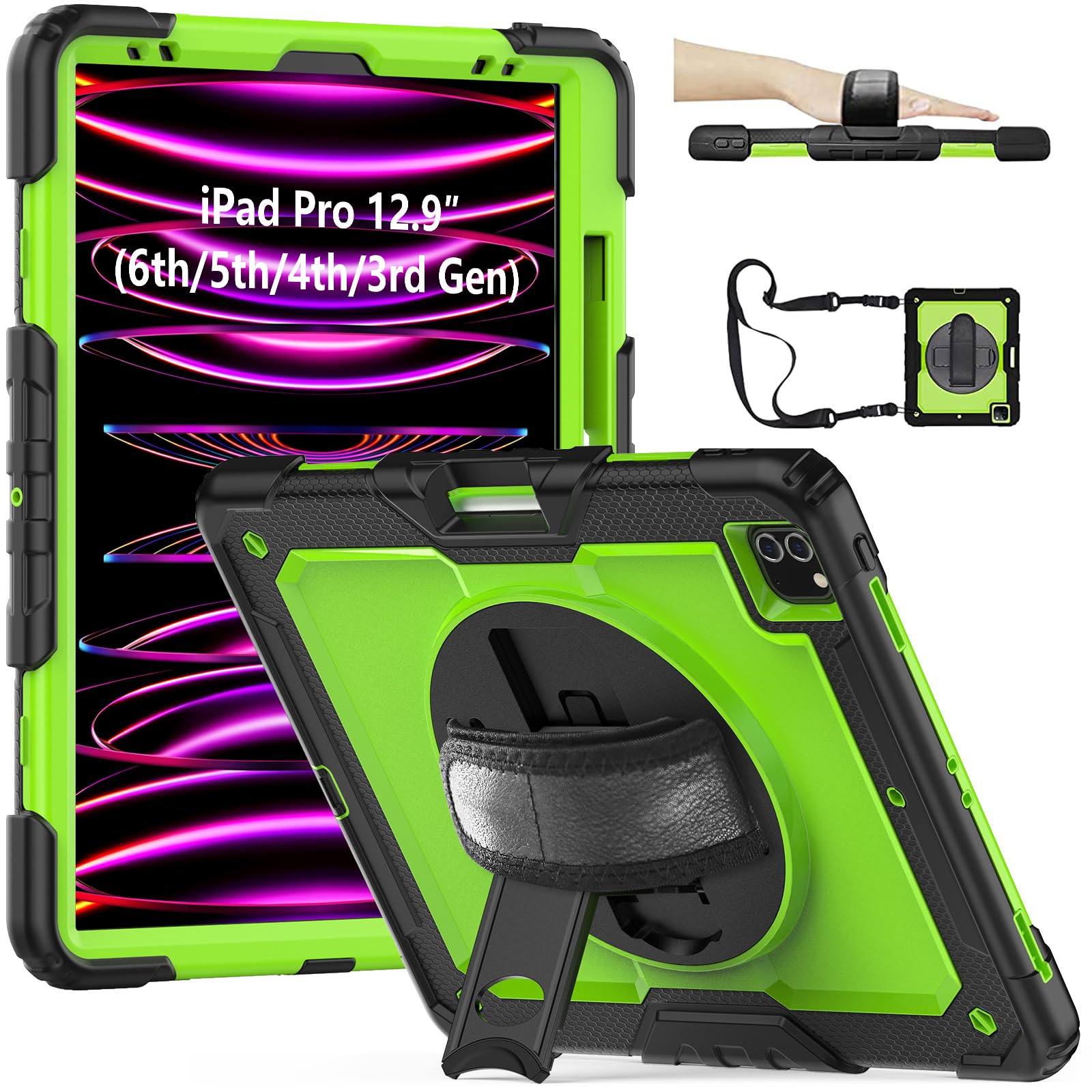 CLARKCAS iPad Pro 12.9 Case 2022 6th Generation 2021 5th Generation 2020 4th Generation Cases with Screen Protector Pencil Holder Kids Shockproof Rugged Silicone Cover 360 Stand Hand Strap Black Green