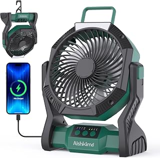 tragbarer Campingventilator mit LED-Licht, wiederaufladbarer Zeltventilator mit 10.000 mAh und Aufhängehaken, 4-stufige Geschwindigkeitsregelung für Picknick, Grillen, Angeln, Reisen – Grün
