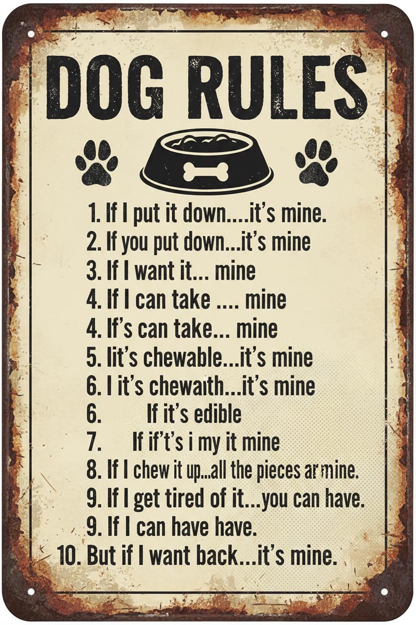 Retro Dog Rules Funny Tin Sign, 8x12 Inch Dog Decor