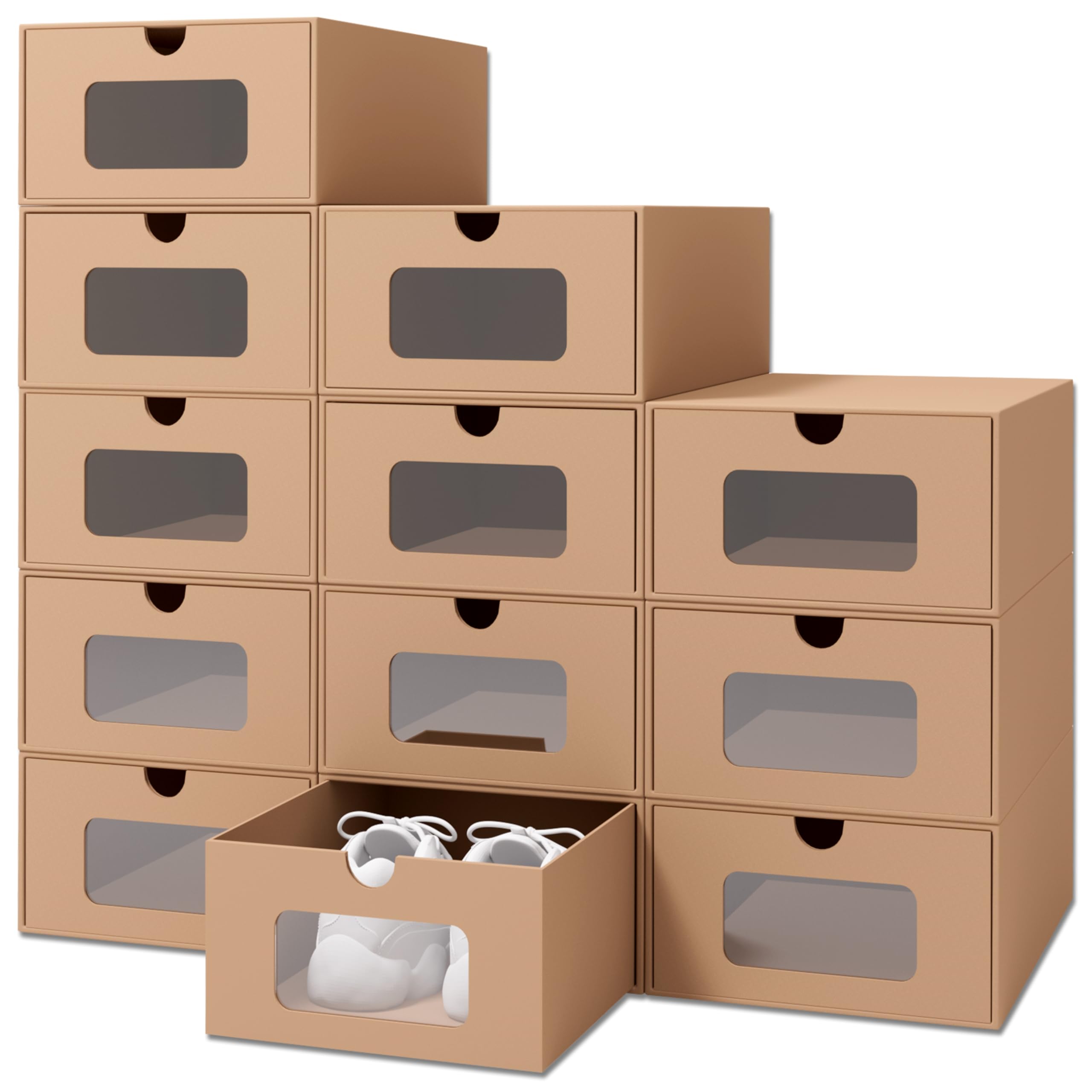 12 Pack Shoe Storage Bins, Waterproof Storage Boxes, Shoe Containers For Sneaker Display, Hat Organizer, Stack-able Cardboard Boxes, with Marking Labels, Transparent Window(13.2'' x 8.3'' x 5.1'')