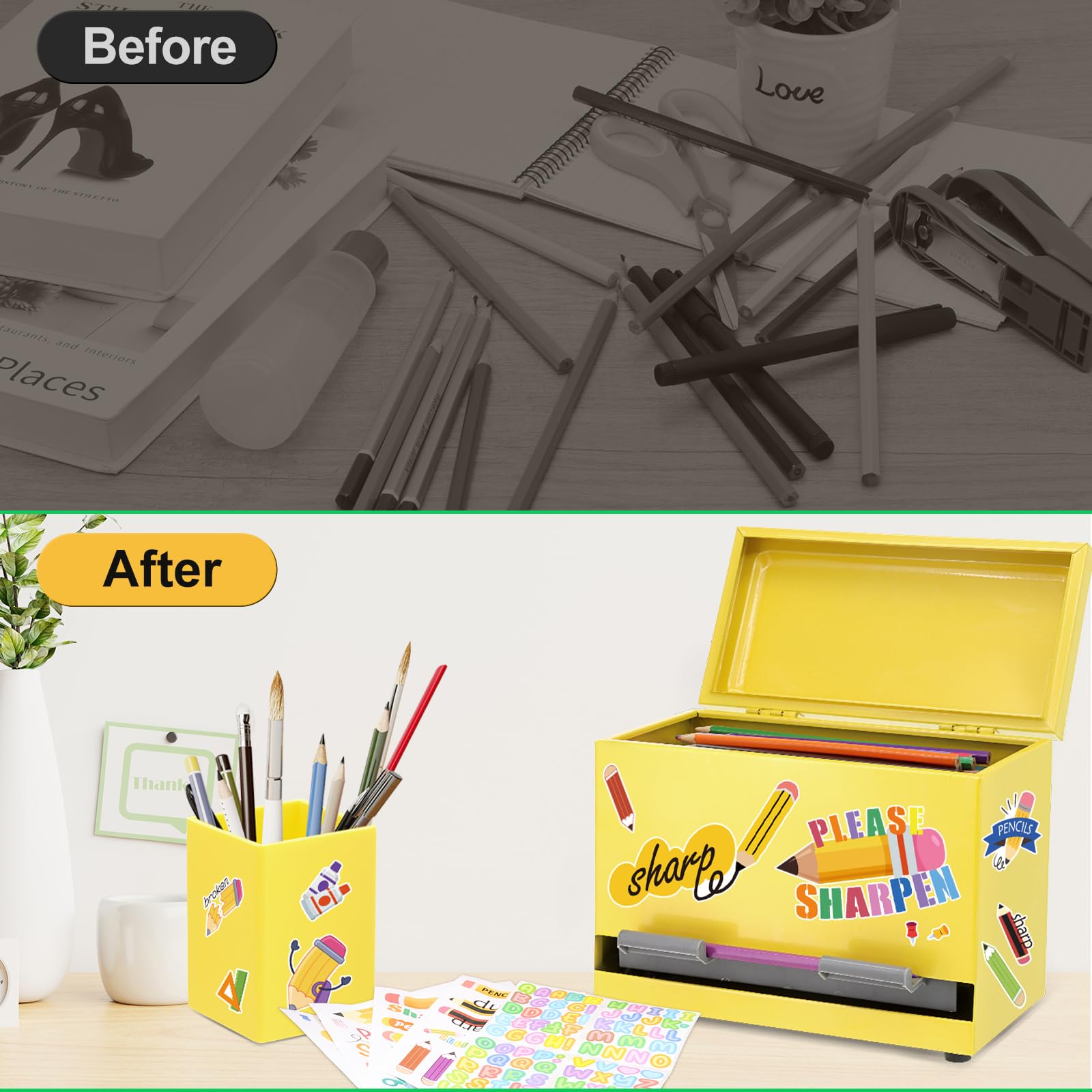 Stiftespender für Klassenzimmer, Edelstahl, Stifthalter für den Schreibtisch, Bleistiftspender-Set mit Silikon-Organizer und 5 Aufklebern, Schulanfang, Klassenzimmer, Muss für Lehrer, Gelb