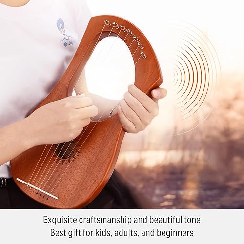 Miniatura 5 de Donner Arpa de lira, 7 cuerdas de metal, cuerpo de caoba y sillín de hueso DLH-001 Arpa de lira para niños principiantes con llave de afinación,