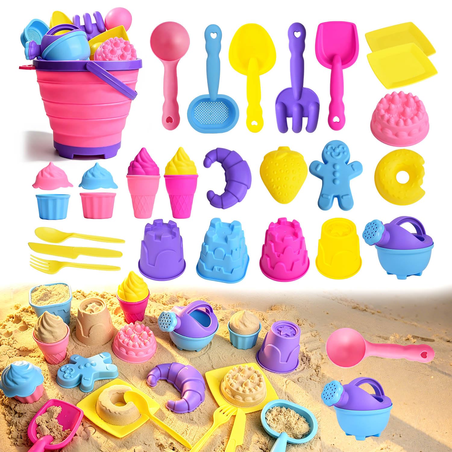 Sandspielzeug EIS Mädchen Junge,Sandkasten Spielzeug Kinder mit Faltbarer Eimer,Sandschaufel,Sandförmchen,Outdoor Spielzeug für Strand und Sandkasten fur Kleinkind Mädchen Junge 3–10 Jahren