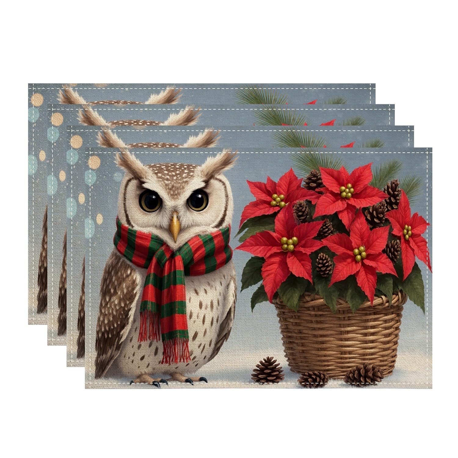 Christmas Owl and Poinsettia Placemats, Festive Winter Holiday Decorative Place Mats for Dining Table, Non-Slip Washable Indoor Outdoor Kitchen Party Set of 4
