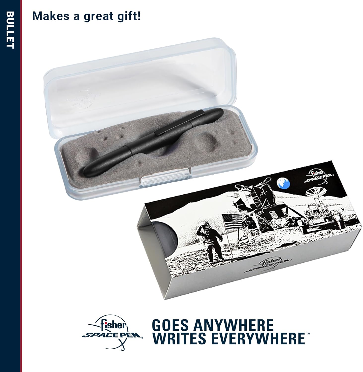 Fisher Space Pen Matte Black Bullet Pen, Pressurized Ballpoint Pen, Compact Size, Writes Upside Down, Extreme Temperatures, Smooth Black Ink, Medium Point, Pocket Clip, Gift Box, Made in the USA