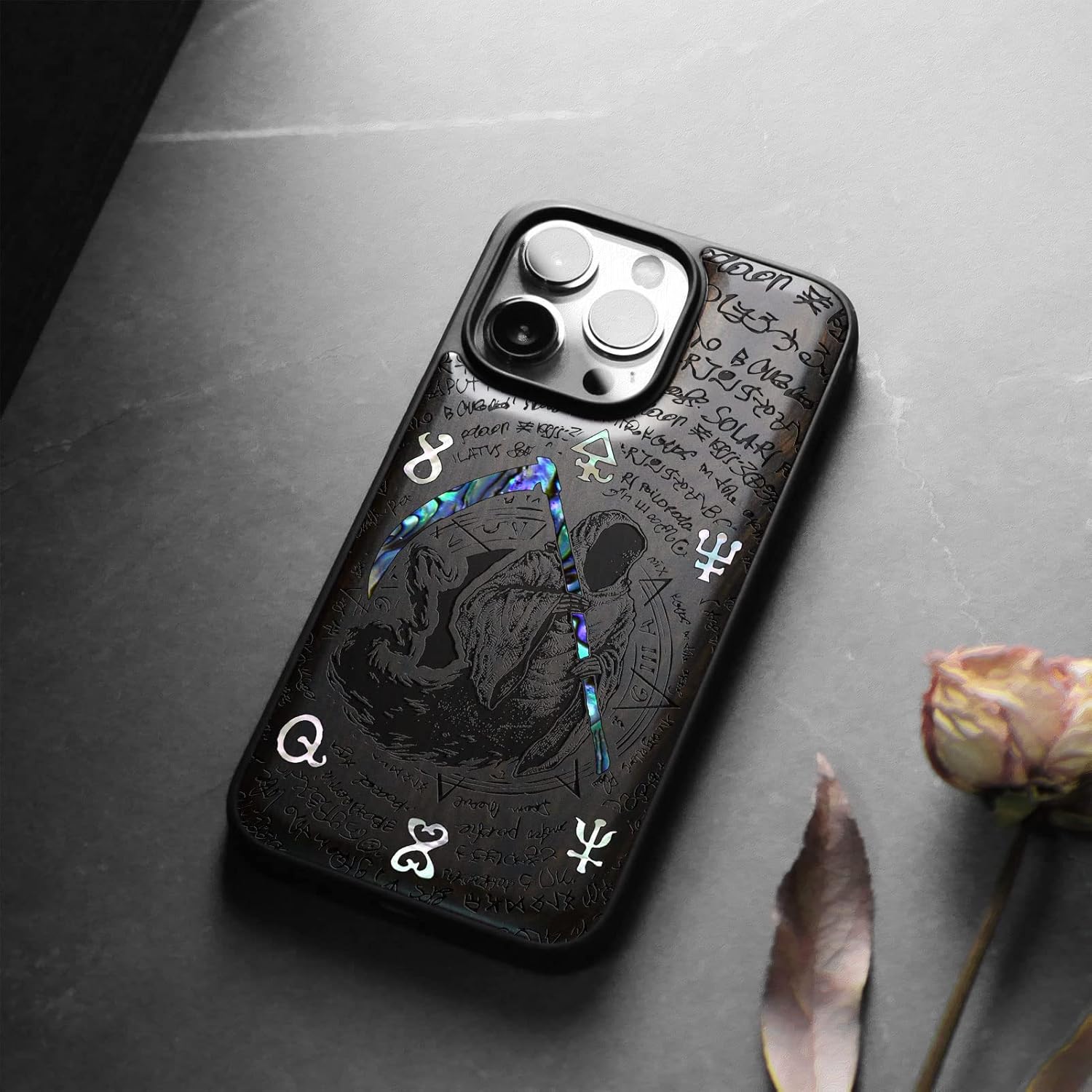 Carveit Designer Wooden Protective Case for iPhone 13 Pro Max Magnetic Cover [Wood Engraving & Shell Inlay] Compatible with 13 Pro Max MagSafe (Grim Reaper-Blackwood)