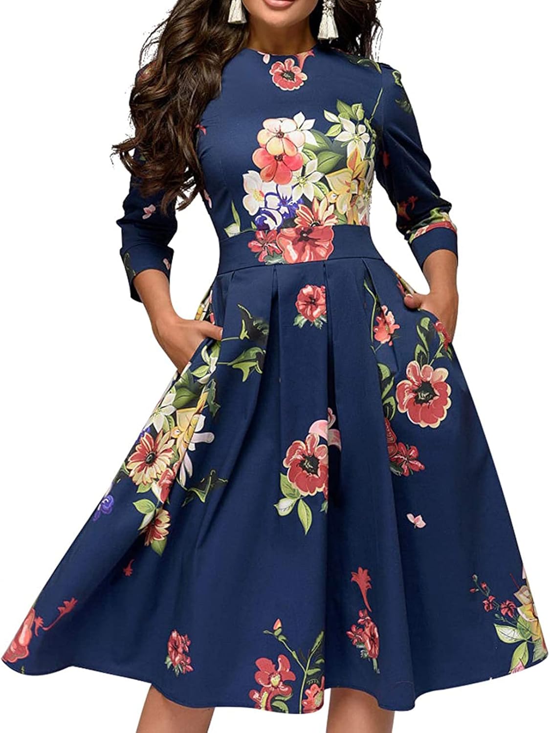 Simple Flavor Women's Floral Vintage Dress Elegant Midi Evening Dress 3/4 Sleeves