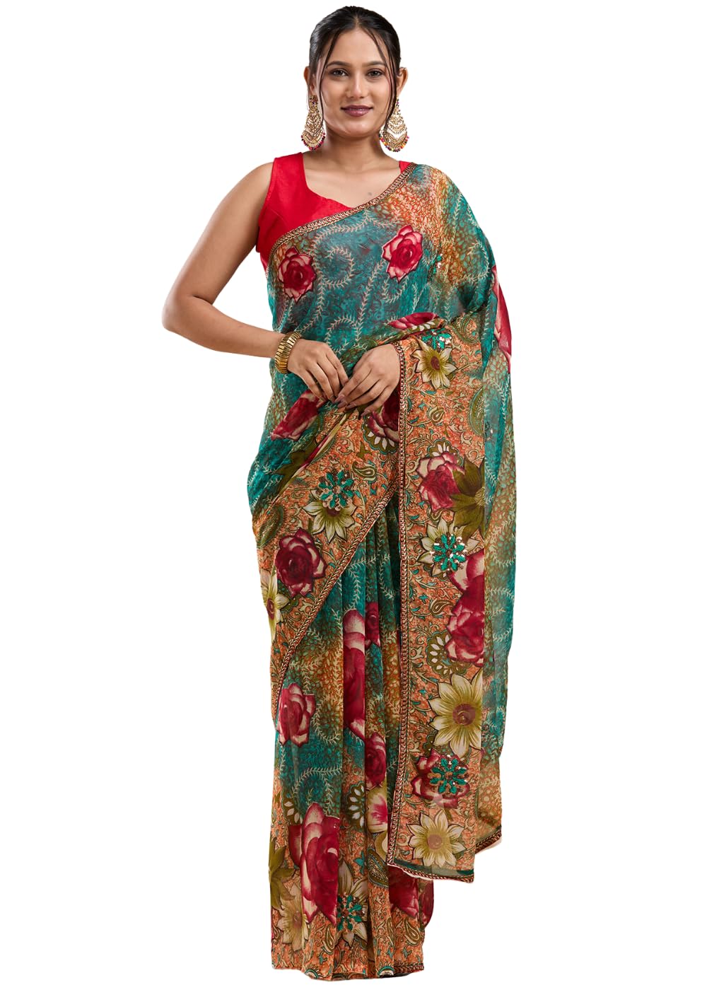 Vervee Couture Women Georgette Teal and Red Floral Printed Saree with Semi Stitched Blouse | EKA-picture-58