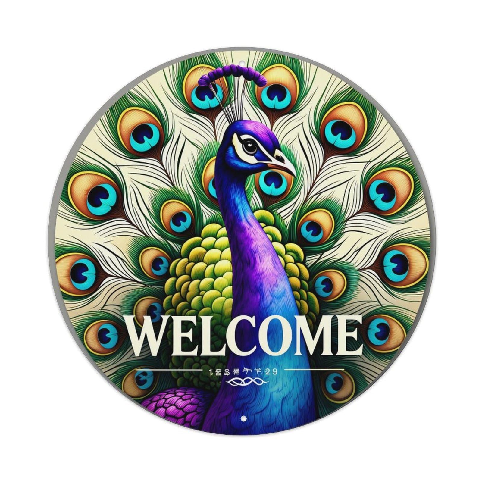 Welcome Peacock Feather Pattern Print Retro Metal Tin Sign, Vintage Metal Poster for home, Gaming Room, Studio Workshop,Bar,Garage Wall Art Decor 8x8 inch