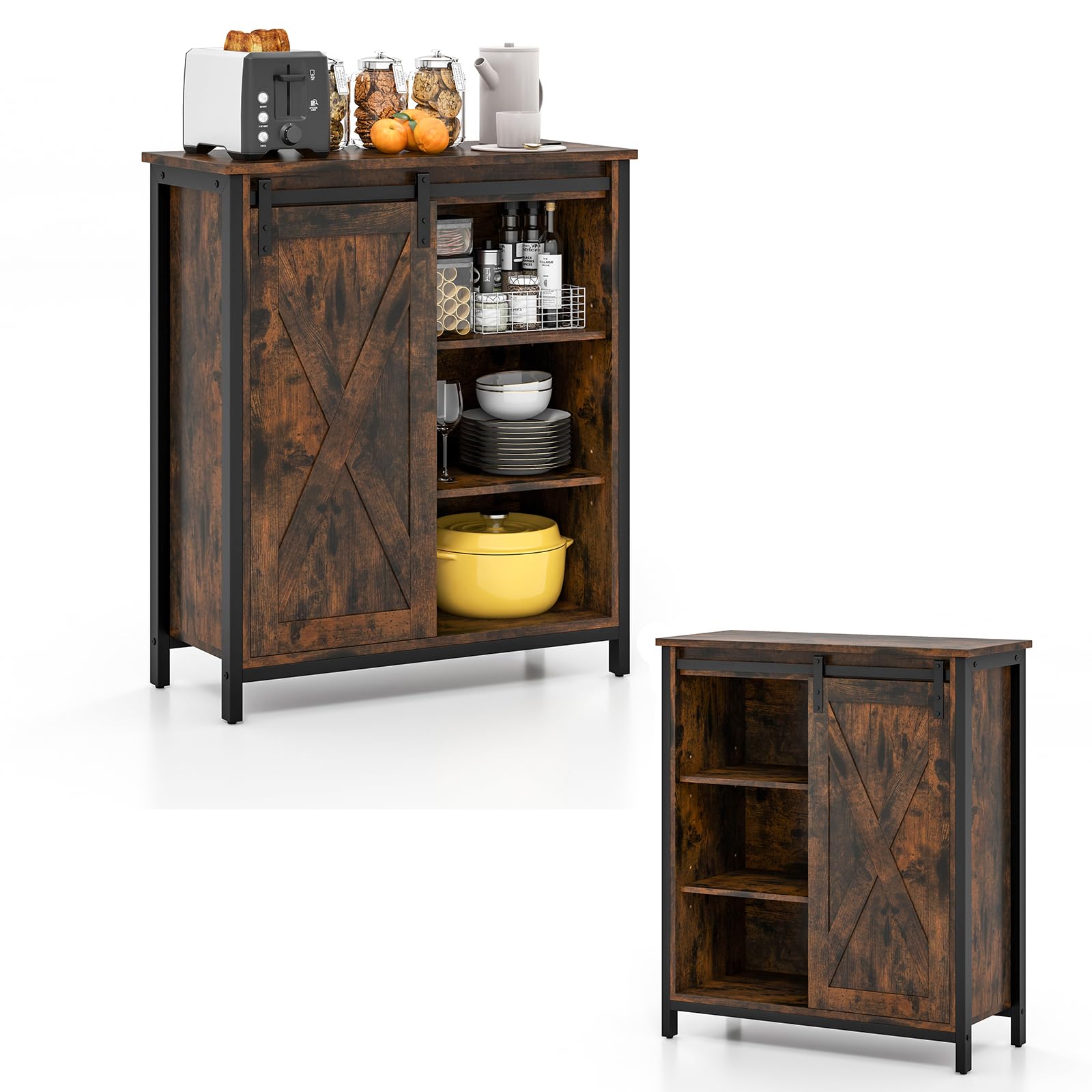 LuxenHome Credenza Moderna Di Metà Secolo – 88,9 Cm, Ante Scorrevoli A Doghe, Finitura Rovere, Gambe In Metallo - 4