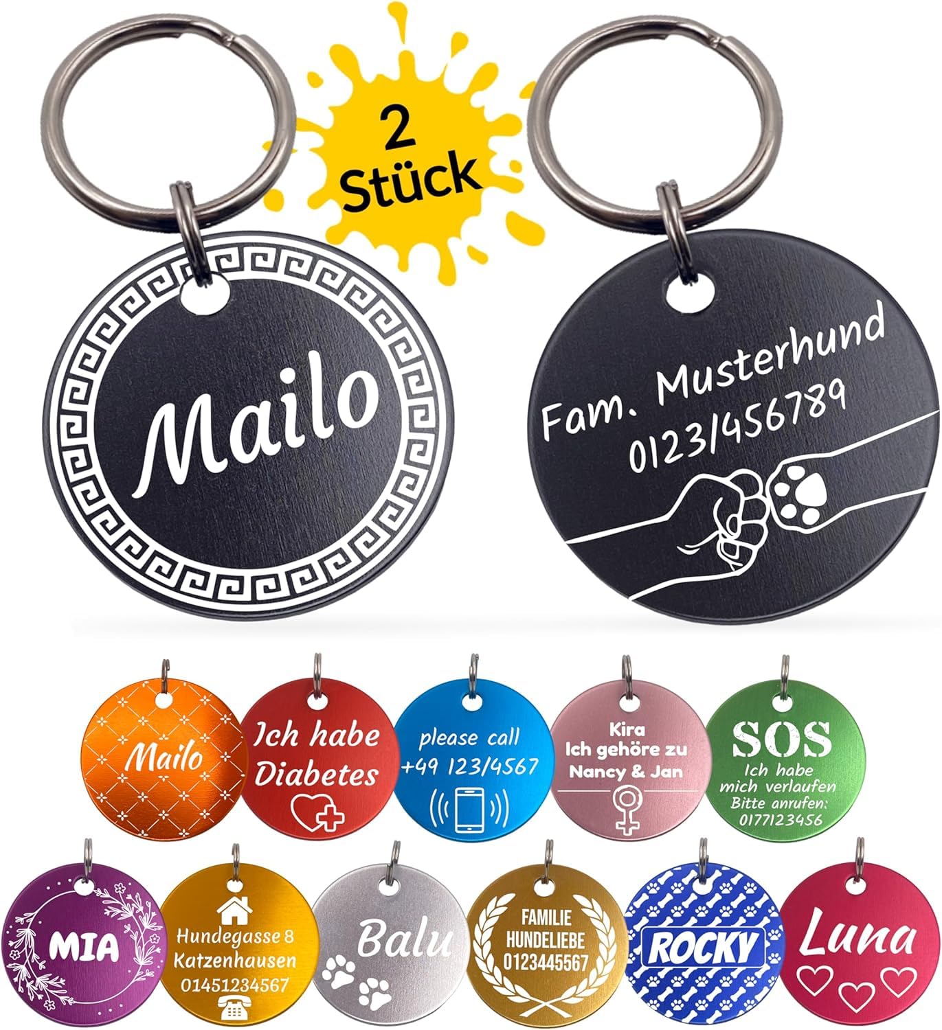 Unikat Branding | 2 Stück Erkennungsmarken | Hund, Katze und Herrchen | Hundemarke personalisiert | Beidseitig mit Gravur | rund | Blau | 30 mm