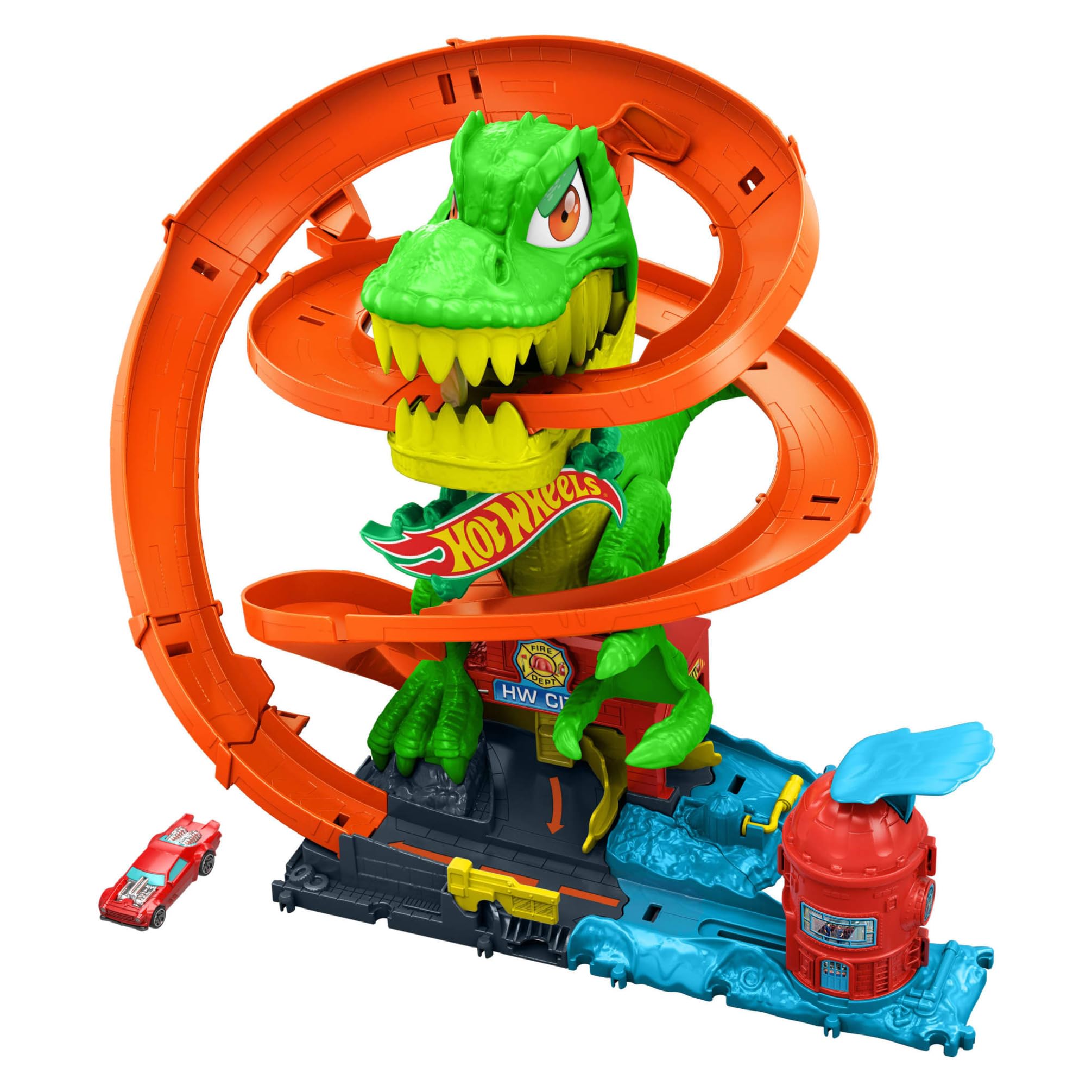 Hot Wheels T-Rex Batalla en llamas Conjunto de pista, conjunto de juego con pista y camión de bomberos metálico de juguete a escala 1:64, 45,72cm de altura, diferentes resultados de carrera, JBM73
