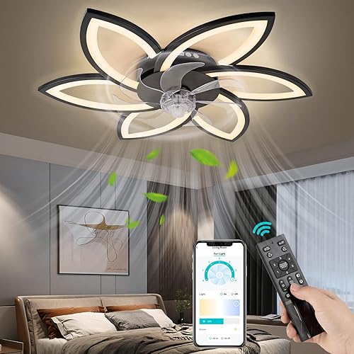 Ventilador de techo con luces, ventilador moderno de perfil bajo de montaje empotrado con aspas reversibles, luz LED regulable y control remoto, 6