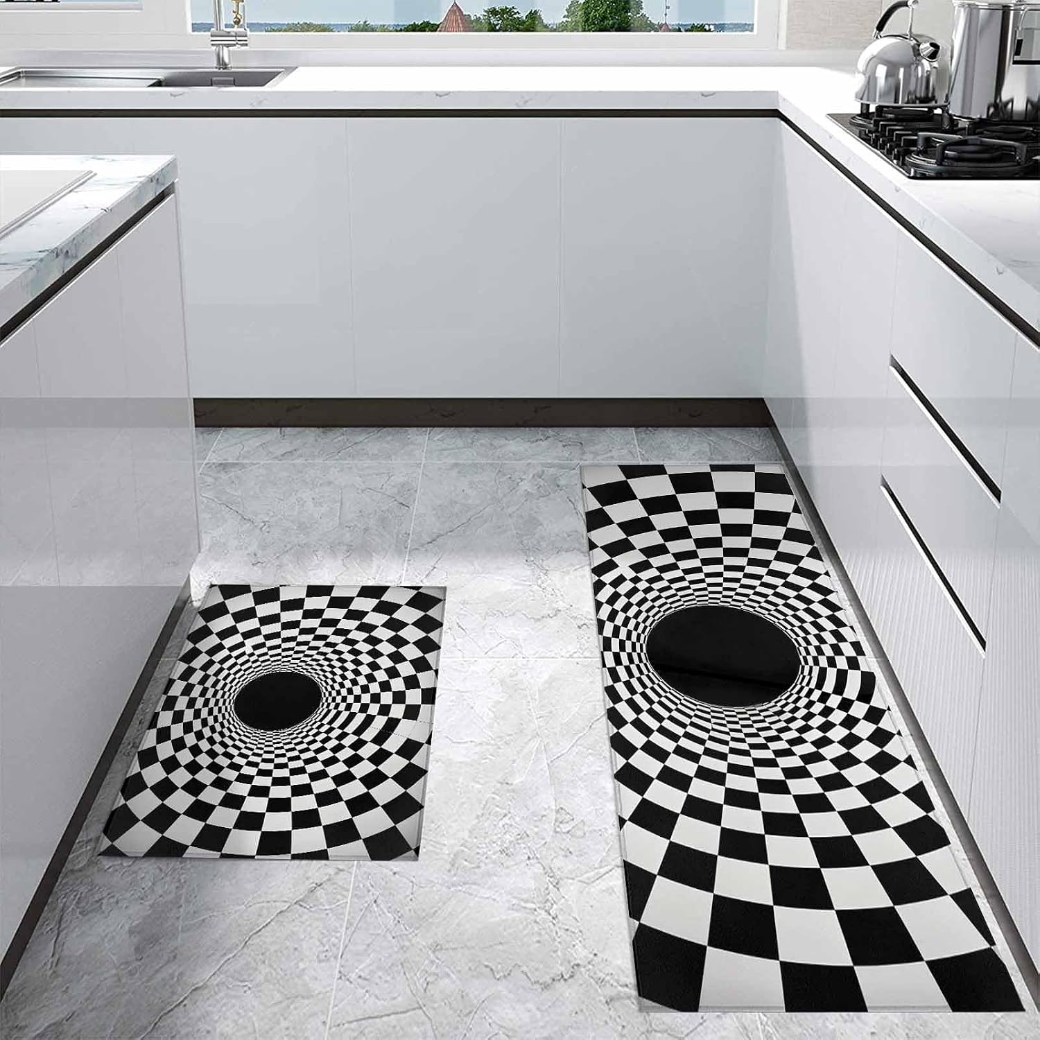 Kitchen Mats for Floor 3D Vortex Tunnel Washable Non Slip Kitchen Rugs 2PCS, Black White Optical Illusion Background Absorbent Standing Mats for Sink Office Living Room 15.7x23.6in+15.7x47.2in