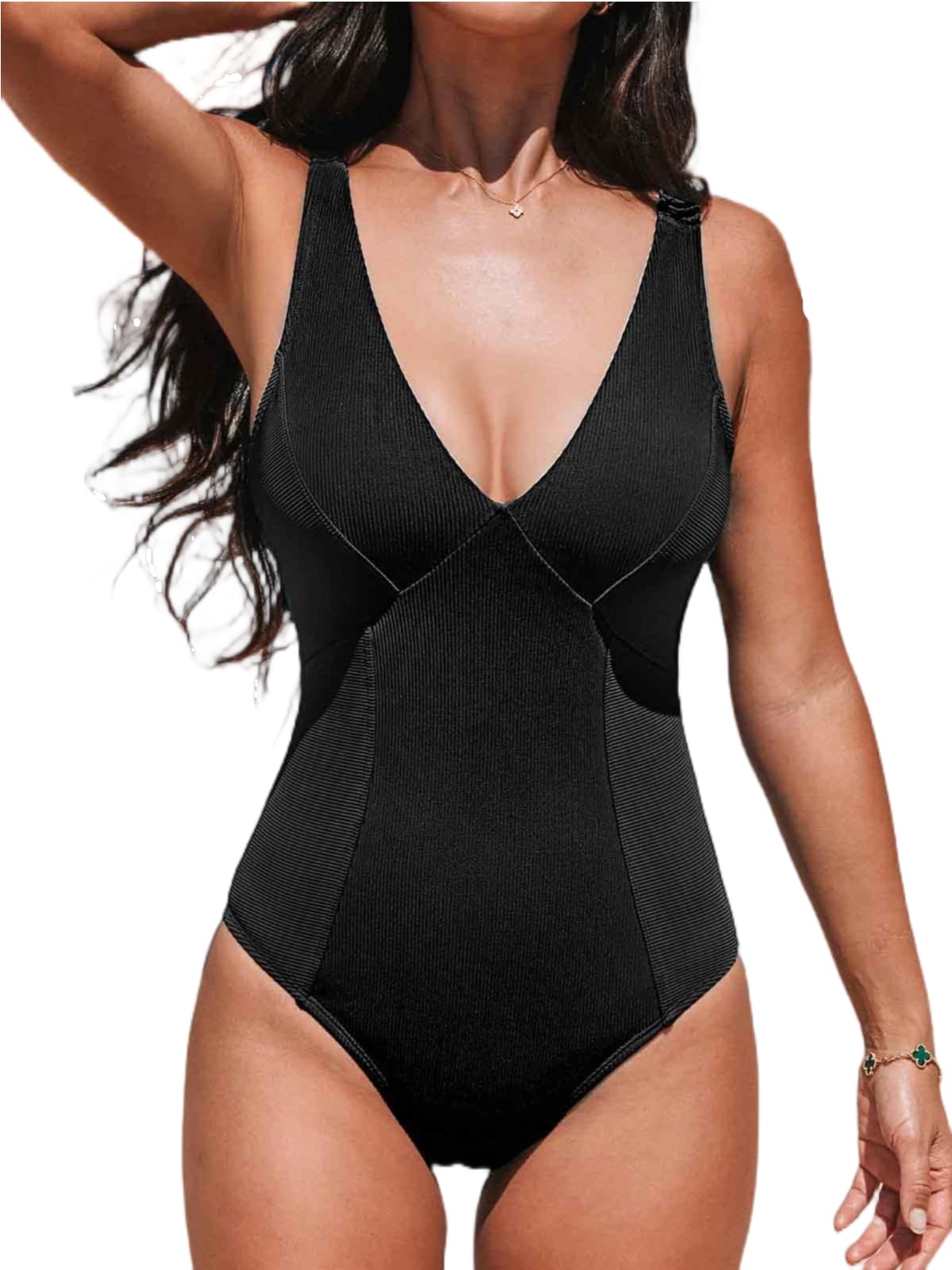 CUPSHE Women's One Piece Swimsuit Plunging V Neck Bathing Suit Wide Adjustable Straps O Ring Ribbed Swimwear