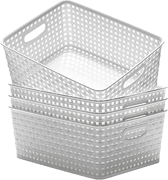 4 Pcs Stackable White Woven Storage Basket, Home Organizer, Pp Material with Handles and Holes, for Kitchen, Bathroom, Living Room