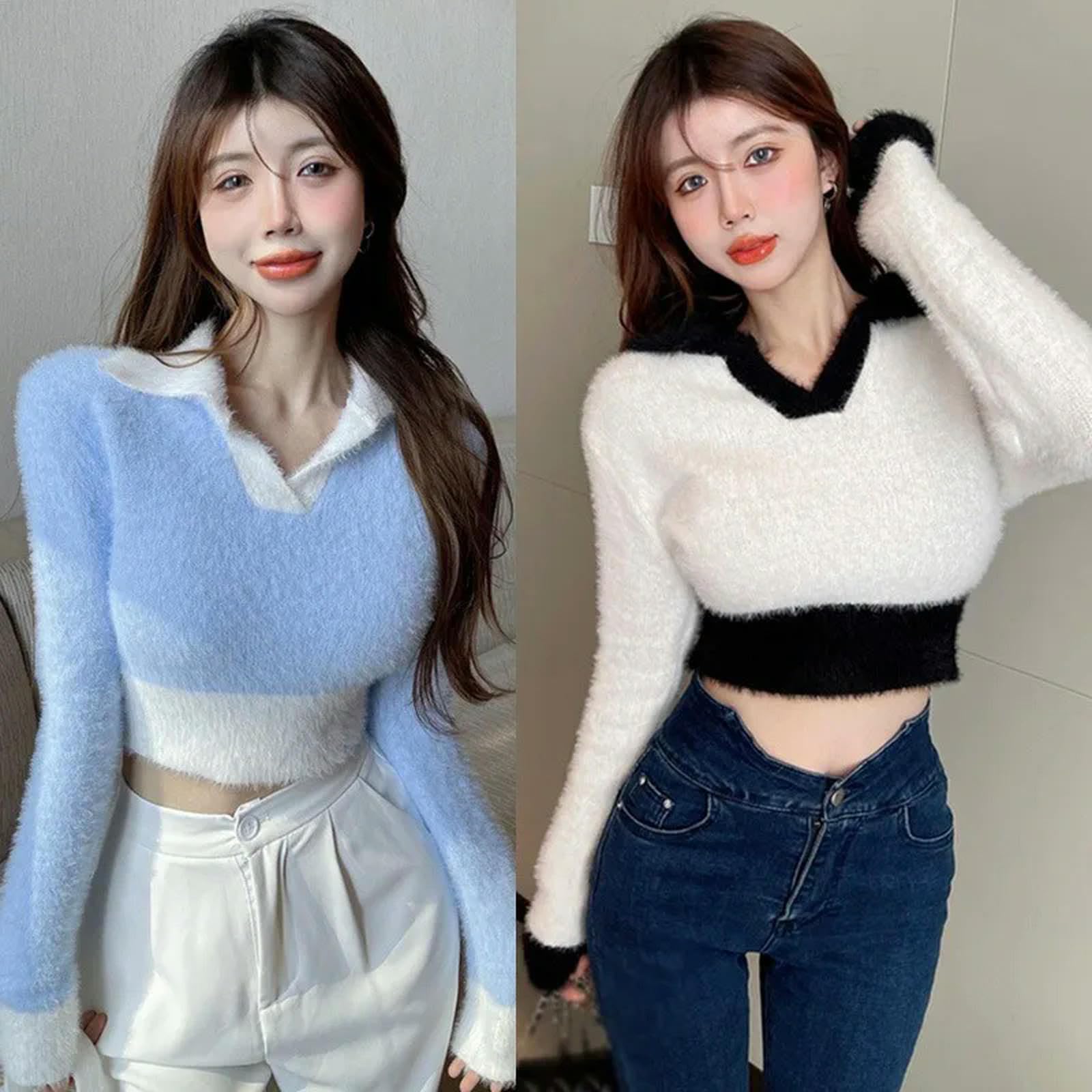 Ropa Mujer Autumn Winter Winter'S Sweater Slim Sexy Plush Vplush Color Bloqueo De Bloqueo De Color En V-b-Talla Única