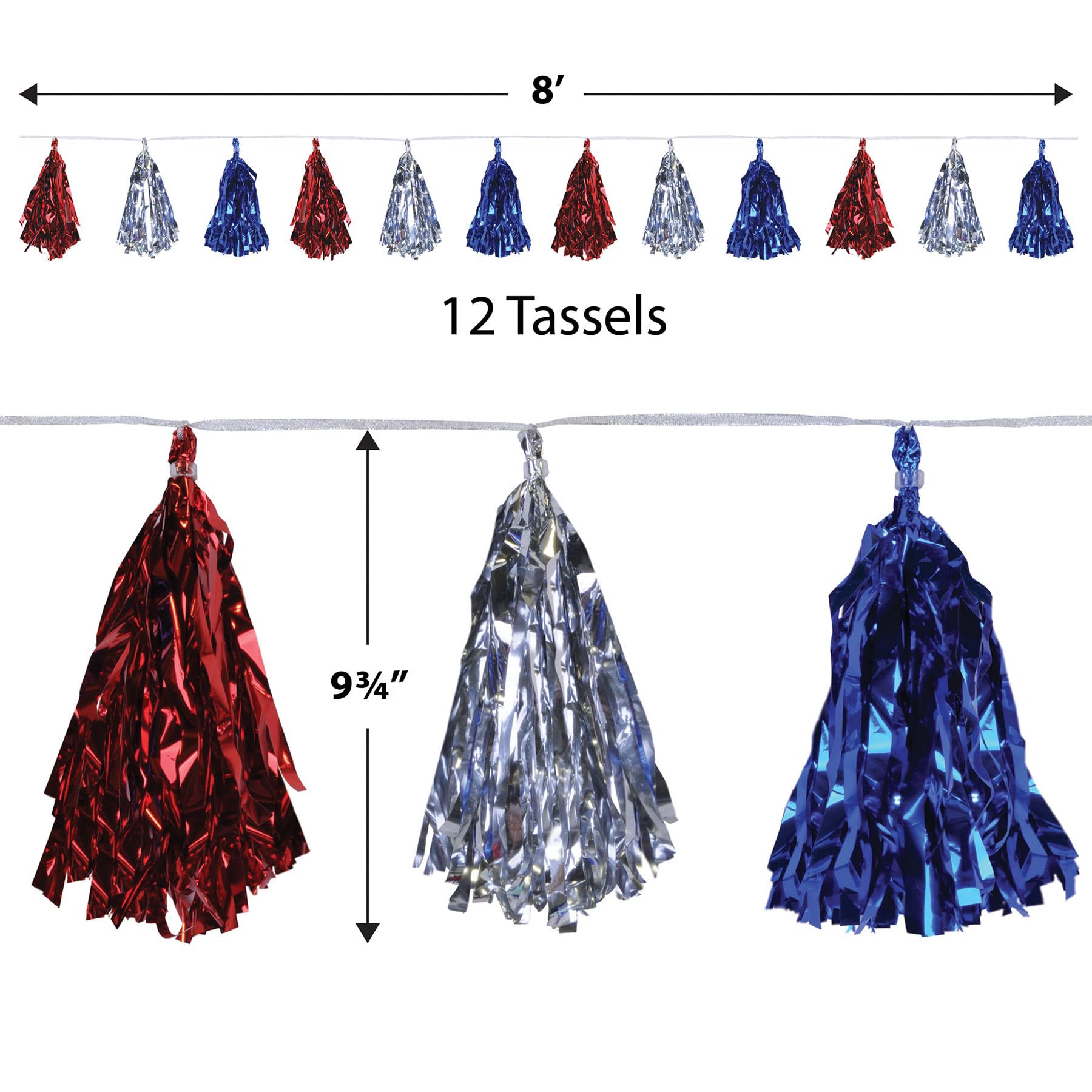Beistle 59927-RSB, 2 Stück metallische Quasten-Girlanden, 24,8 cm x 2,3 m, Rot/Silber/Blau