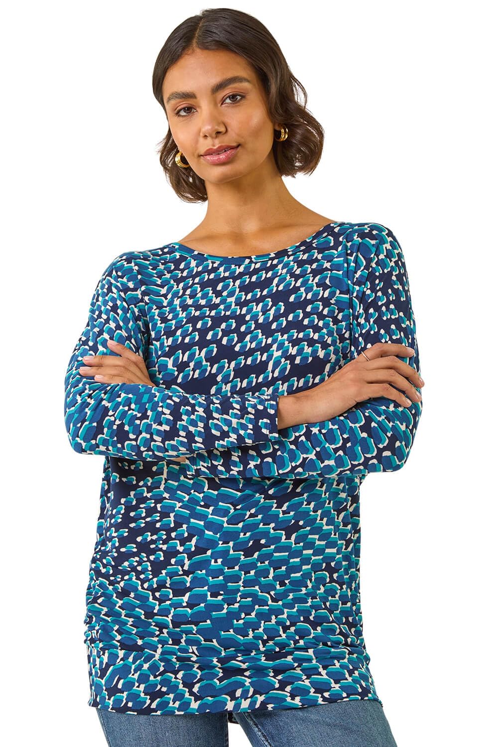 Roman Blouson Top for Women UK Ladies Drop Shoulder Long Sleeve Jersey Stretchy Oversized Casual Office Jumper Soft Everyday Sweater Lounge Sweatshirt Blouses - Blue Navy - Size 12