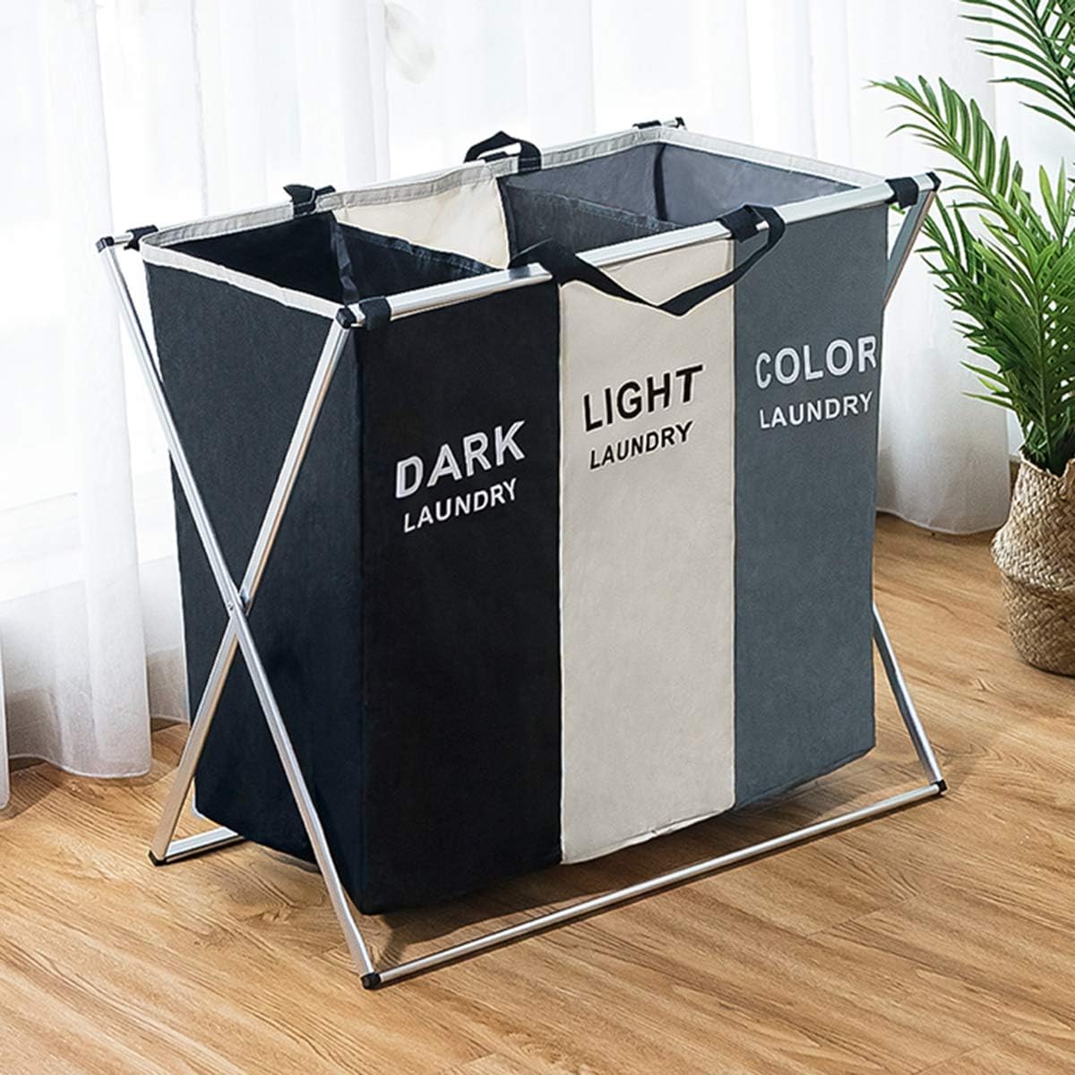 Large Foldable Laundry Basket with 3 Compartments, Stainless Steel ...