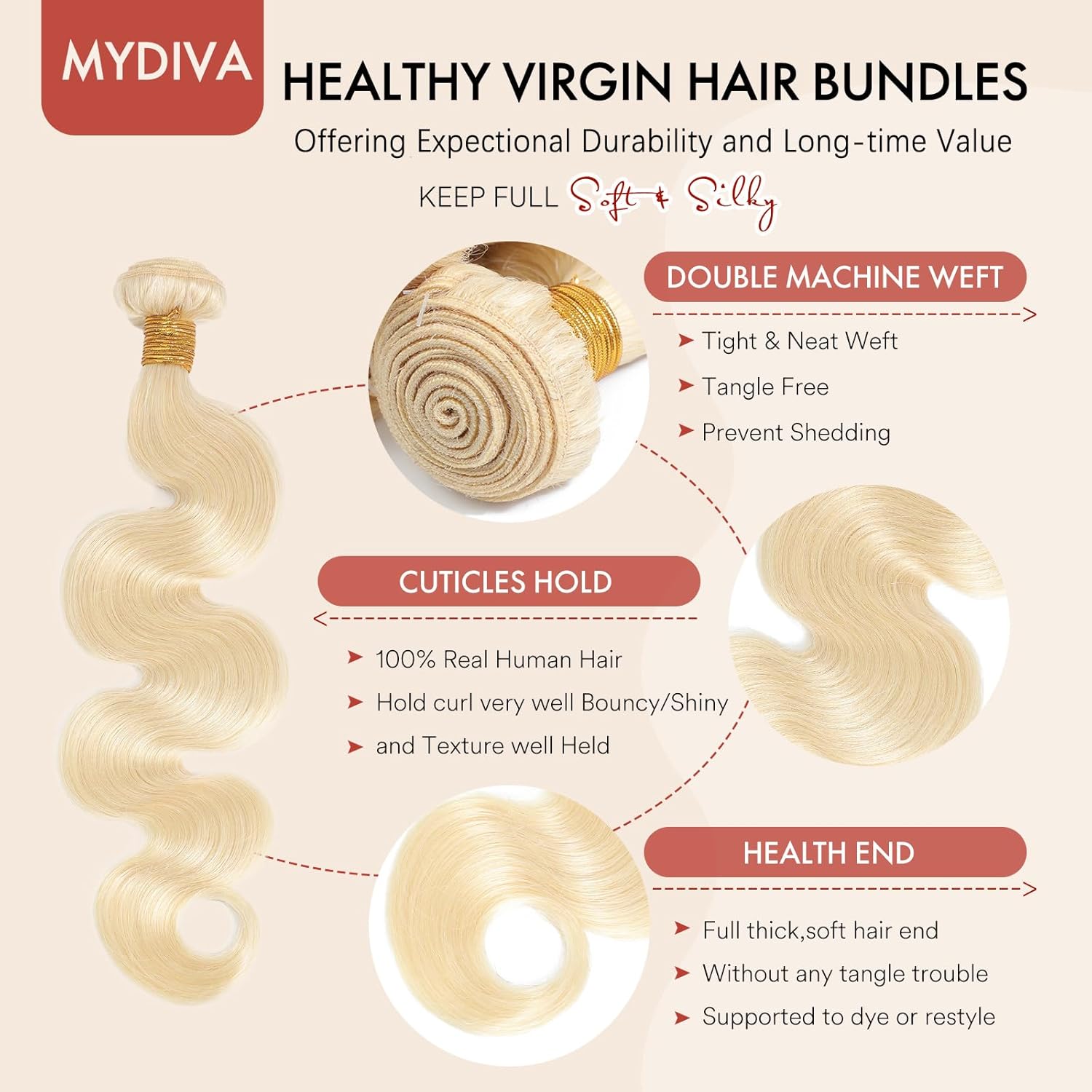 613 Bundles Human Hair Blonde Body Wave Bundles 16 18 20 inch 100% Unprocessed Virgin Sew in Weft Hair Extensions Real Human Hair Quick Weave Bundles Dyeable 613 Bundles