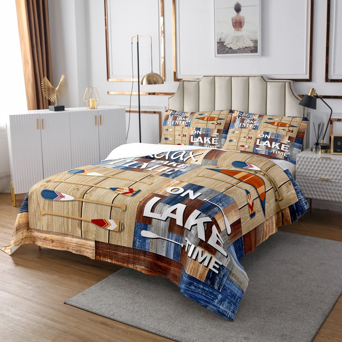 Lake House Bettwäsche-Set Queen Size – Retro Holzmaserung, Rustikales Bauernhaus-Design