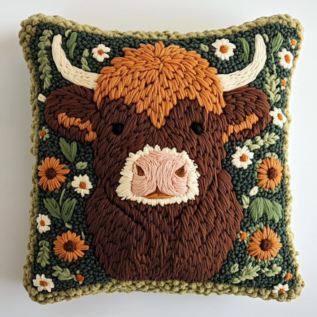 DIY Punch Needle Pillow Kit Cute Baby Highland Cow in Flowers with Pattern and Hoop Handmade Embroidery Punch Needle Starter Pillowcase Set for Home Sofa Decor 43x43cm-1-5