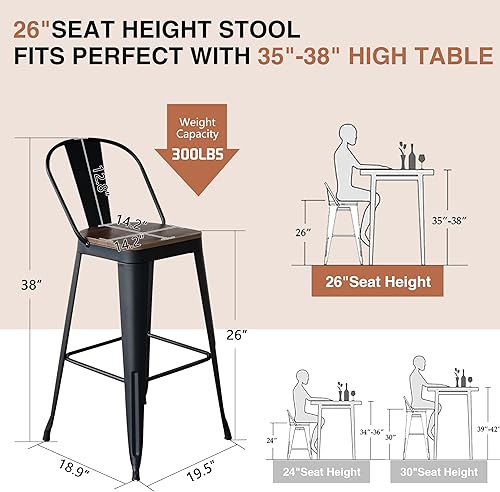 Miniatura 2 de ALISH Juego de 4 taburetes de bar industriales de 26 pulgadas, taburetes de bar de metal con respaldo alto con asiento de madera grande, sillas de