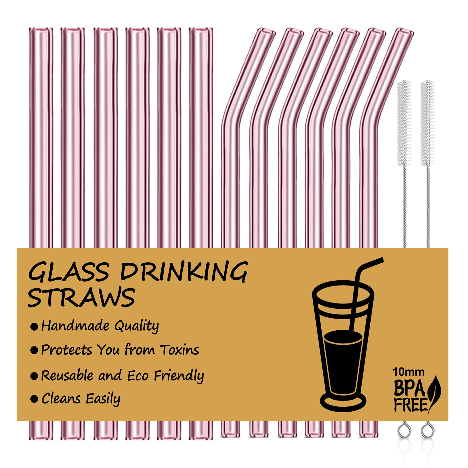 Reusable Glass Straws, 10mm Glass Drinking Straws, 6 Bent 6 Straight with 2 Cleaning Brushes, Non-Toxic, BPA Free Glass Straws for Beverages, Shakes, Milk Tea, Juices (Pink)