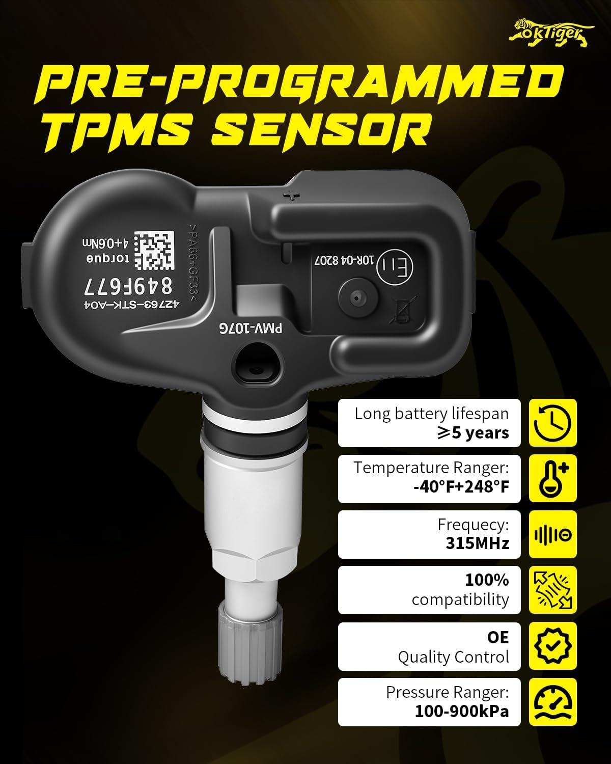 Oktiger 315MHz TPMS Sensor Pre-Programmed Fit for Acura 2007-2013 MDX, 2007-2012 RDX, 2007-2014 TSX, for Honda Pilot, Tire Pressure Monitoring Sensor 4PCS OE#42753-STK-A04