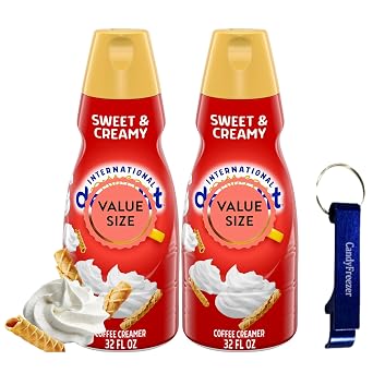 Sweet & Creamy Liquid Coffee Creamer, 32 fl oz Bottles Pack of 2, Smooth Flavored Creamer for Hot or Iced Coffee with Candy Freezer Bottle Opener Keychain
