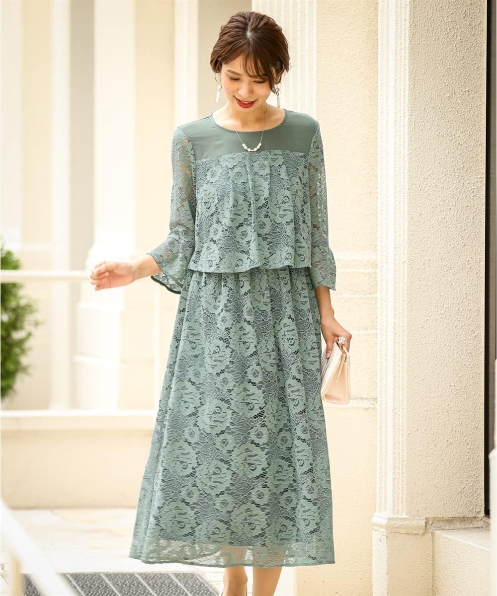 [ニッセン] パーティー ドレス ワンピース ロング丈 袖あり 七分袖 レース フレア 結婚式 セミフォーマル レディース 大きいサイズ