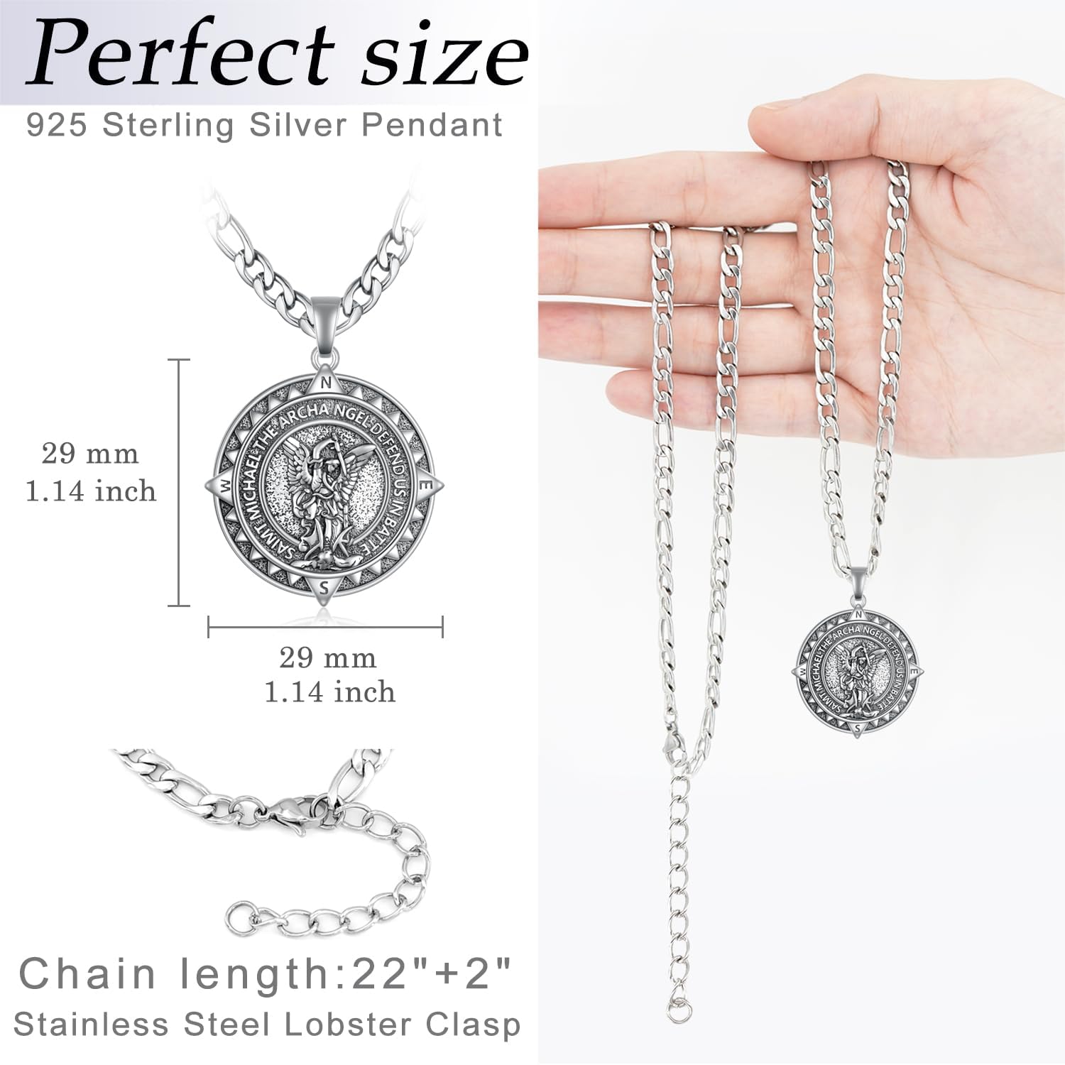 TYSO St Michael Necklace for Men 925 Sterling Silver Archangel Saint Michael Pendant Necklace Compass St Michael Necklace Protect Us Medal Amulet Religious Jewelry Gifts for Men - Image 7
