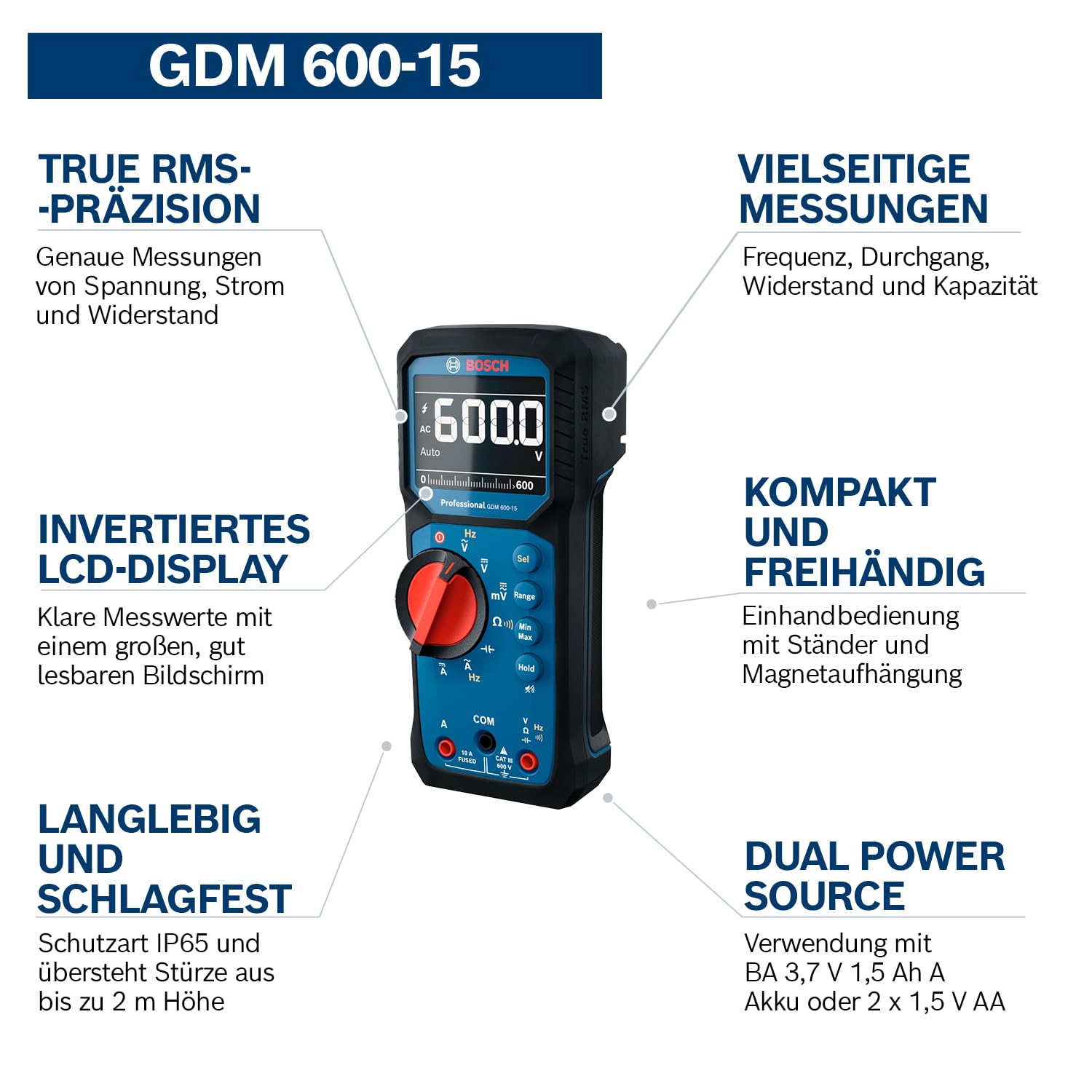 Bosch Professional Digitales Multimeter GDM 600-15 (True RMS, invertiertes LCD, misst Frequenz/Durchgang/Widerstand/Kapazität, Min/Max/Durchschnitt, Messleitungen MS 90)