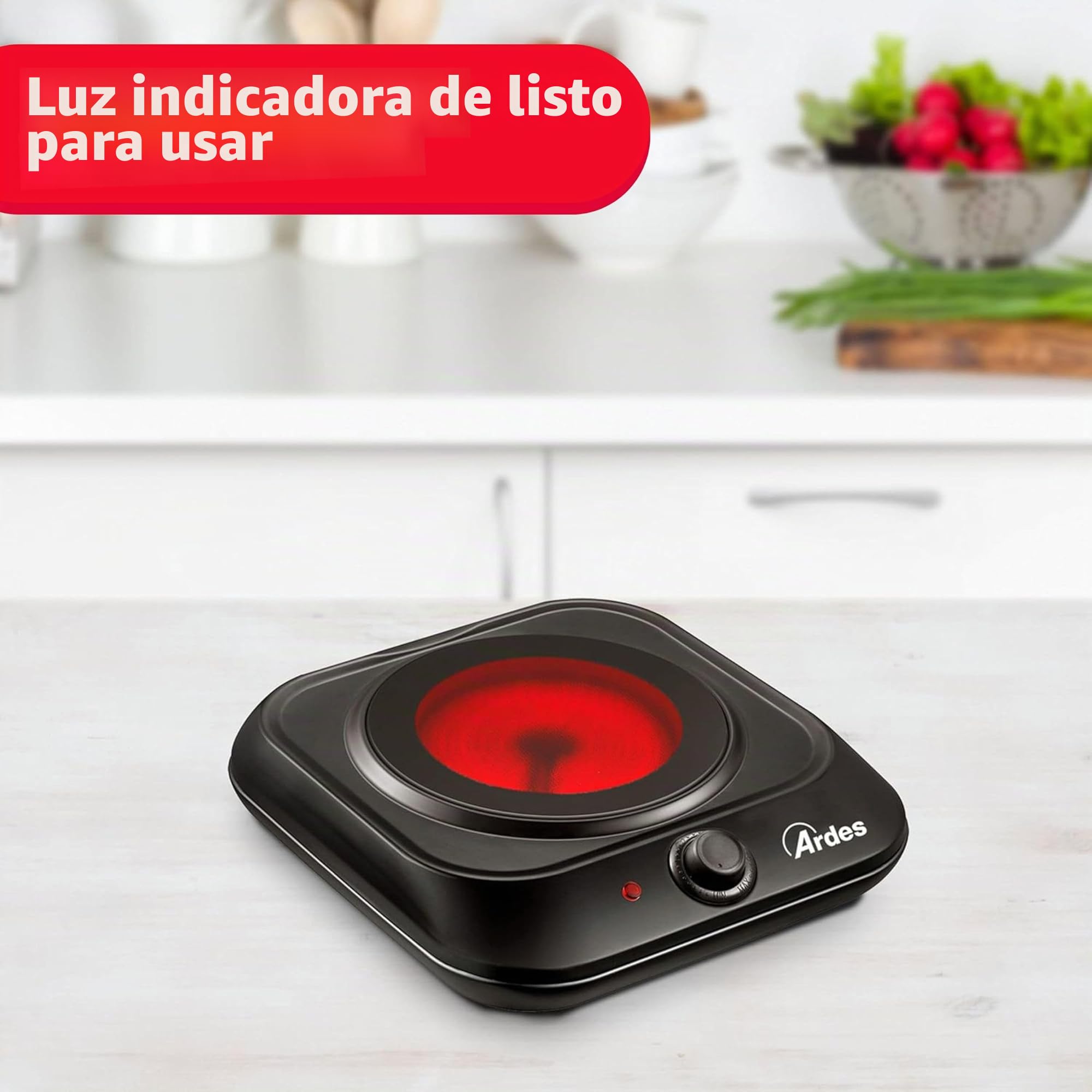 ARDES Placa Eléctrica para Cocinar en Vitrocerámica 5 Niveles de Potencia Compatible con Todas las Ollas Hornillo de Camping Eléctrico Portátil ‎AR1F401