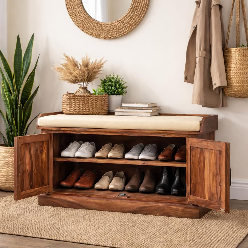 ANGEL FURNITURE Sheesham Wood Hallway Shoe Rack with Storage Seat | Closed Shoe Cabinet | Honey Finish-image-46