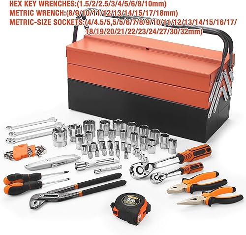 Miniatura 3 de Kit de herramientas, 85 piezas de llaves de mano con caja de herramientas de metal, kit de herramientas multiusos para el hogar, ideal para