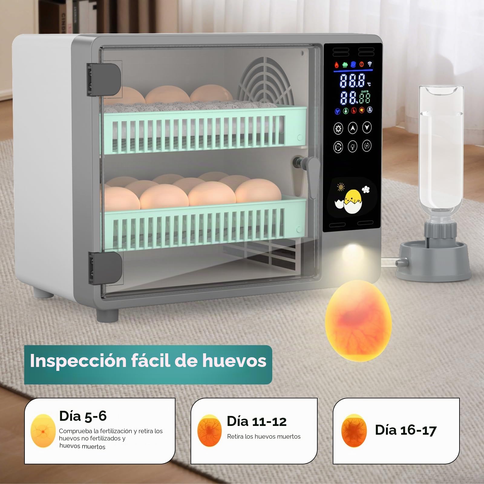 Máquina incubadora completamente automática, 24 huevos con paleta automática y control de temperatura, doble fuente de alimentación, incubadora para pollos, codornices, patos (A)
