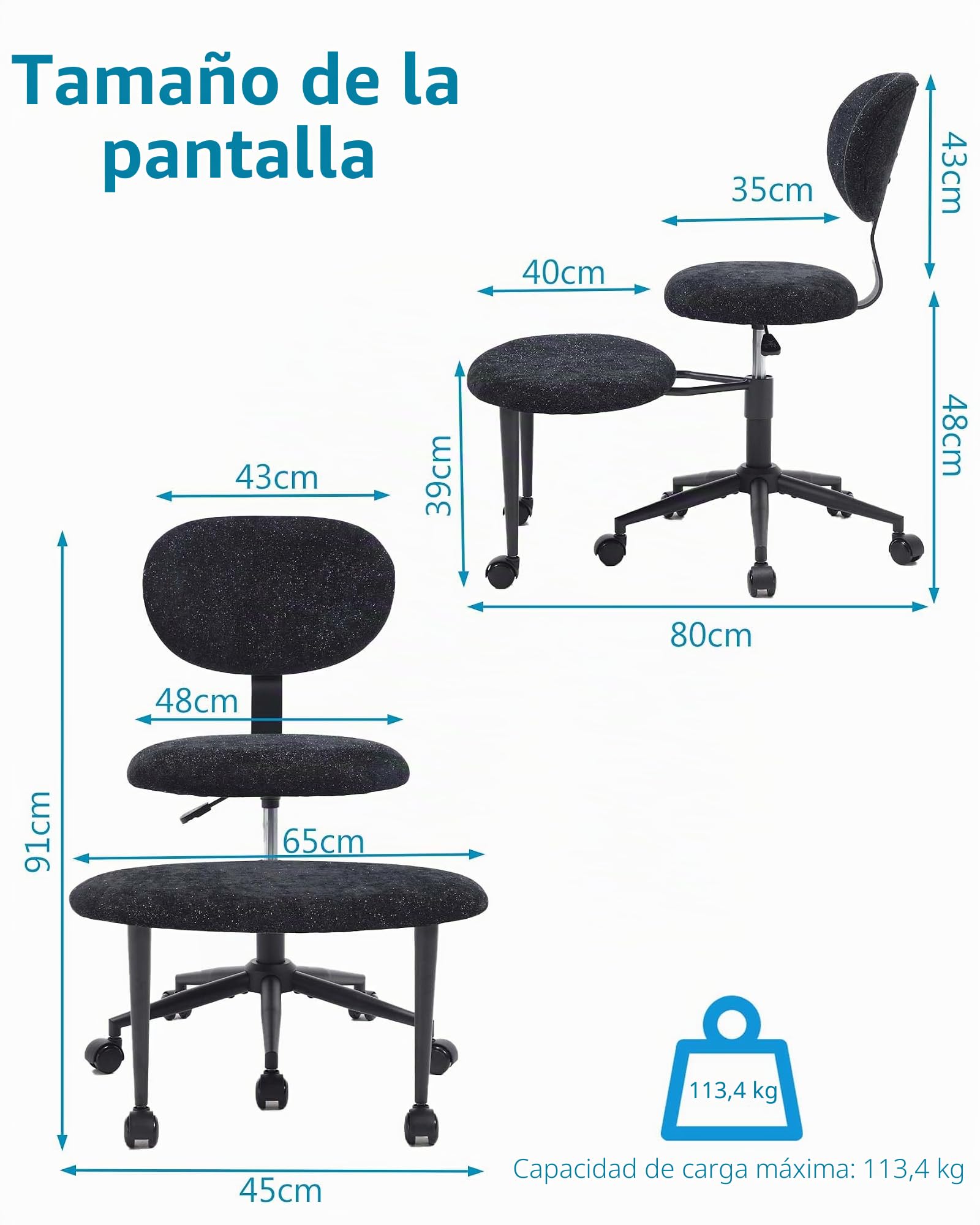 hitsuki Silla de Oficina sin Reposabrazos Silla Ergonómica de Escritorio con Reposapiés Giratorio 360° Silla Ajustable en Altura con Ruedas para Teletrabajo Negra Brillante