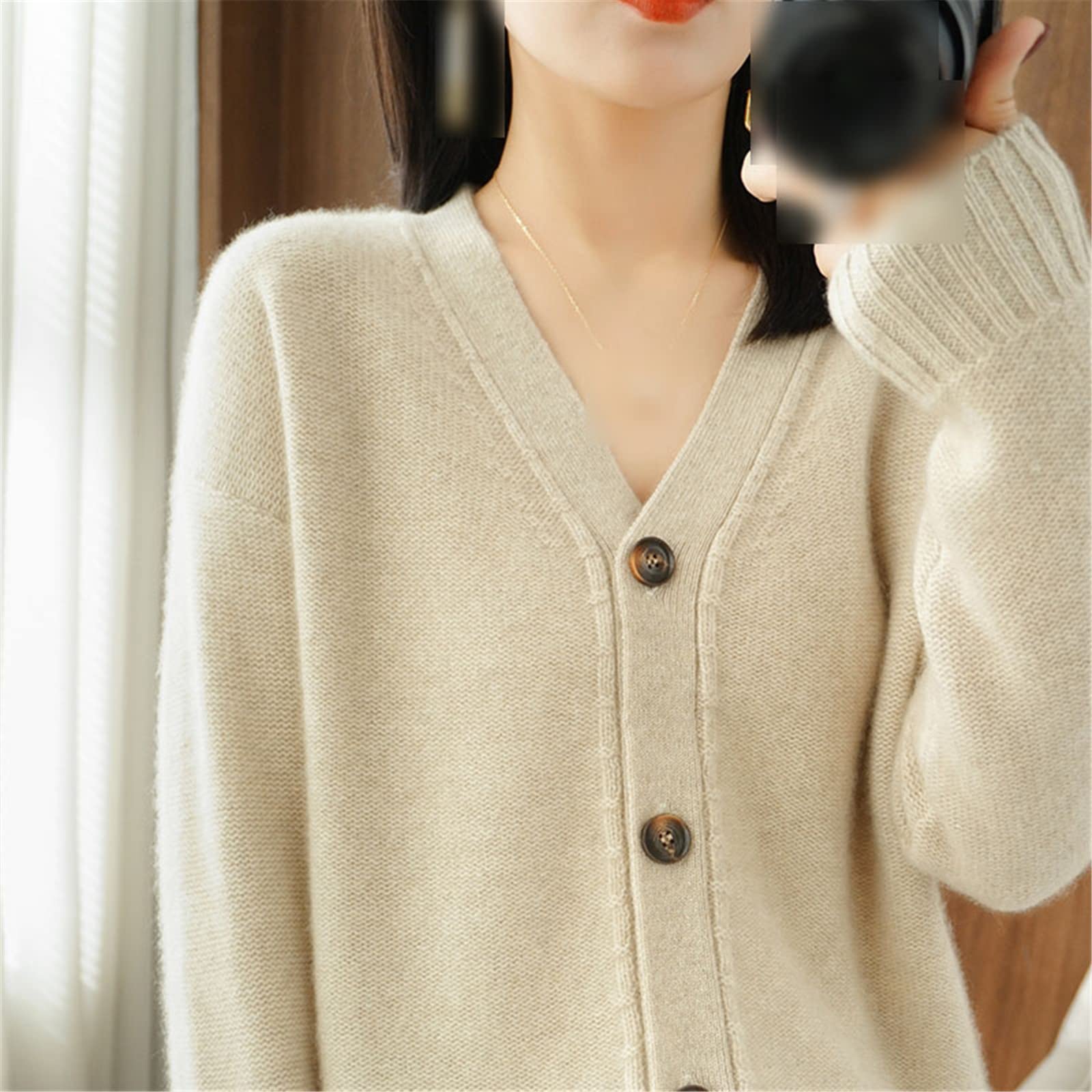 Cardigan in cashmere Autunno e Inverno con scollo a V Solido Maglione Cappotto Cardigan lavorato a maglia, Marrone, M